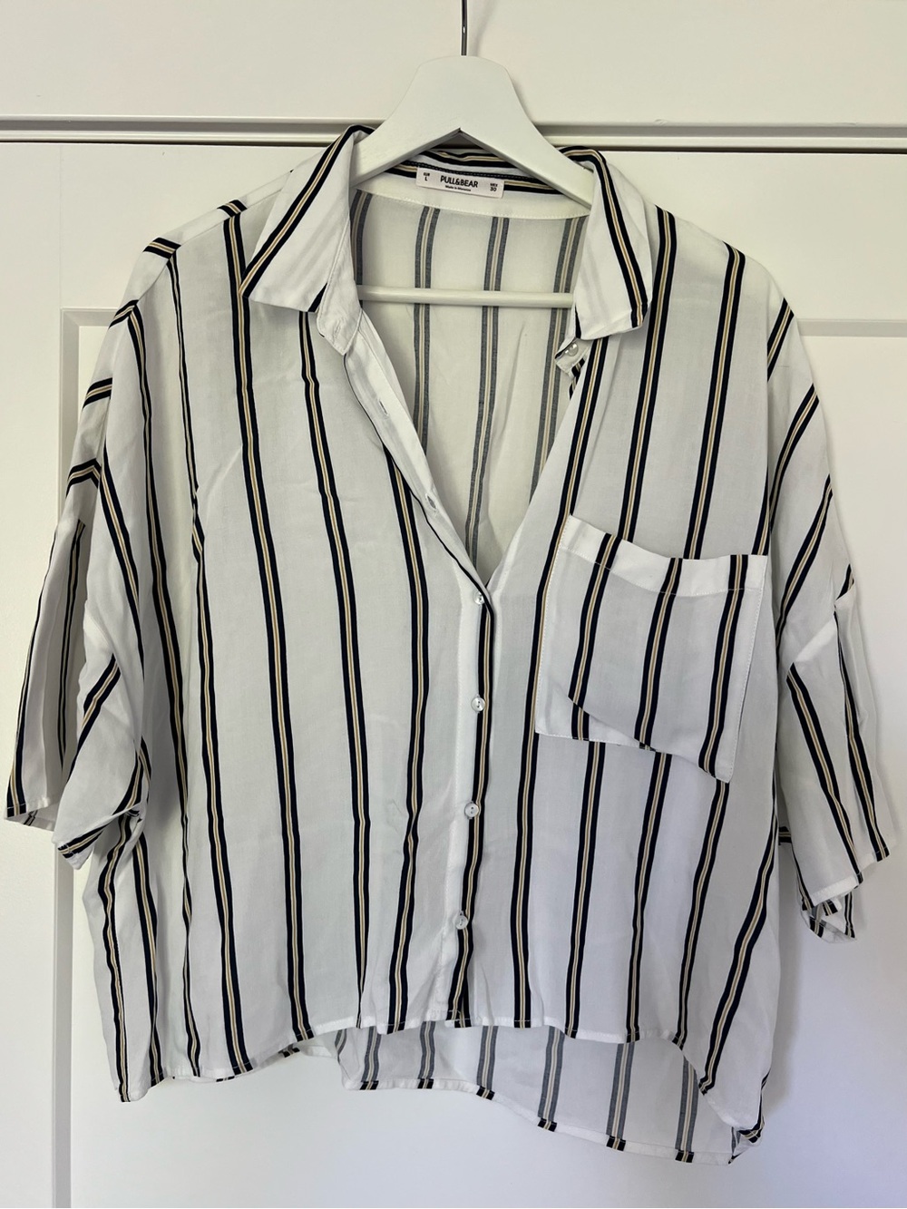 Pull&Bear White Button-Down Oversized Shirt with Blue and Tan Stripes
